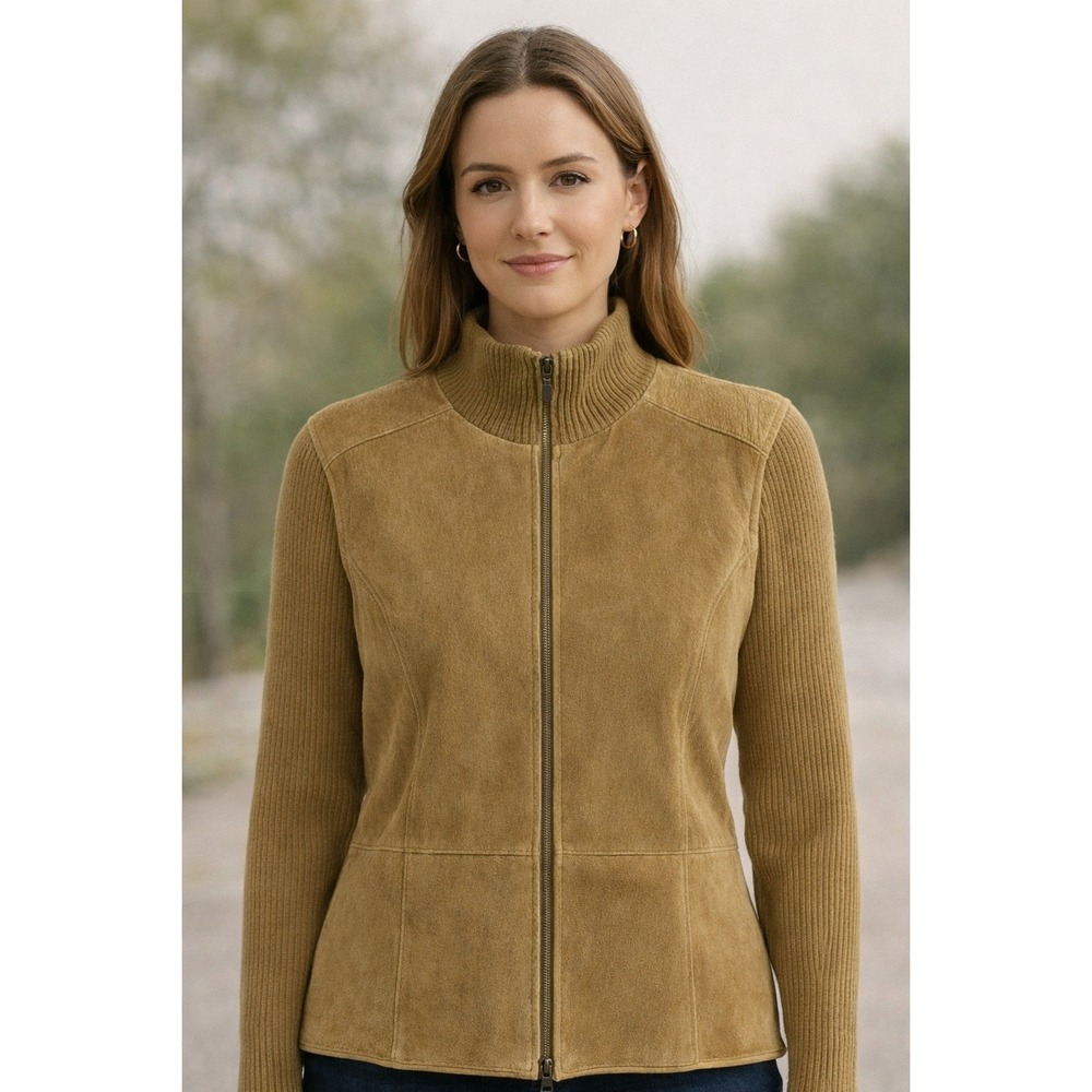 Covington Womens Brown Leather Suede‎ Wool Blend Knit Zip Jacket L Equestrian